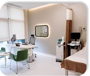 An examination room behind a drawn curtain