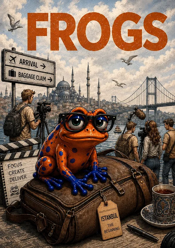 Cover: a blue-spotted orange frog sits on a battered suitcase labelled "Istanbul, the beginning", under the word FROGS, with the Bosphorus bridge and a film crew behind it.