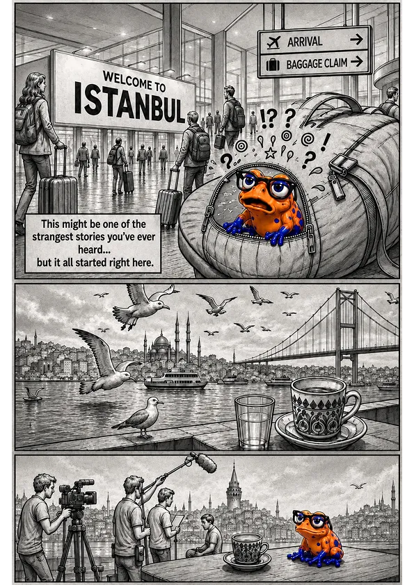 The frog lands at Istanbul airport and hides in a duffel bag under the arrivals sign: this might be one of the strangest stories you have heard, but it all started right here.