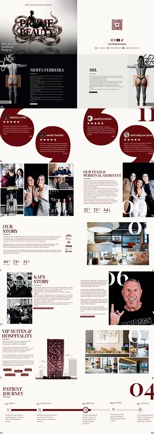 Catalogue pages: our story, Kai’s story, our team, VIP suites, the patient journey, Moita Ferreira, BBL and patient reviews