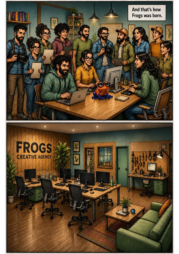 The whole crew crowded around one table, and then the empty studio under the Frogs Creative Agency sign: "And that is how Frogs was born."