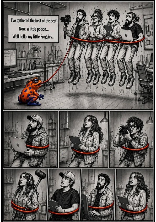 The frog has gathered the best of the best, strung them up on a red line, and is adding a little poison: "Well hello, my little Frogsies."